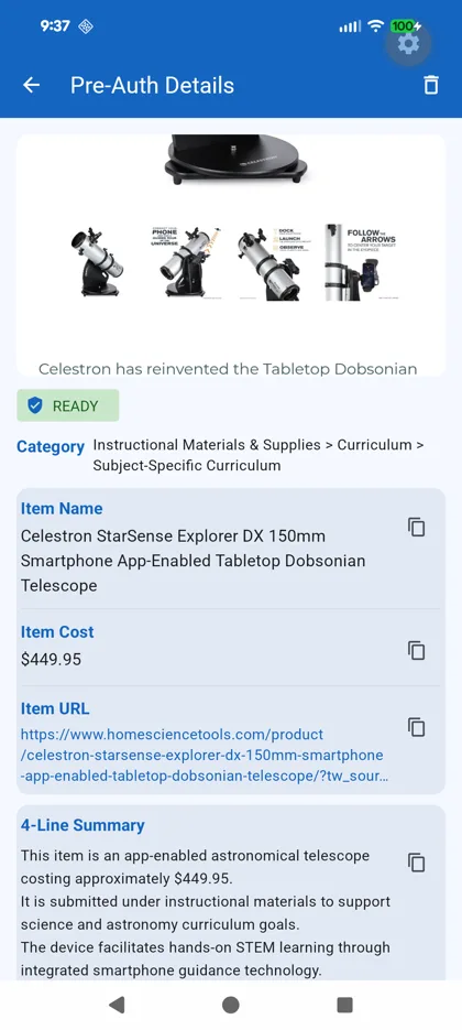 Pre-Auth details — item name, cost, category, and 4-line summary
