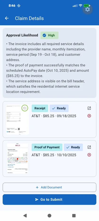 SunshineClaimBuddy claim detail with AI approval likelihood